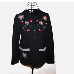 Black Floral Ladybug Cotton Blazer Peite Small S Button Front Sweater 90's